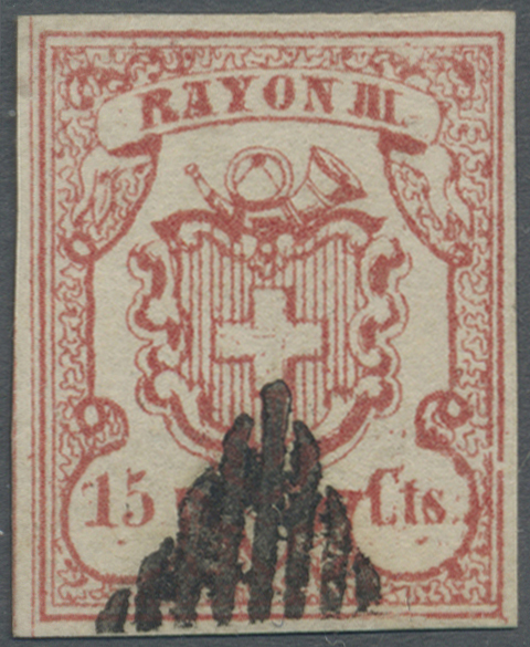 O Schweiz: 1852 Rayon III 15 Cts. Karminrosa, Type 7, Entwertet Mit Schwarzer Eidg. Raute, Farbfrisch, Allseits - Unused Stamps