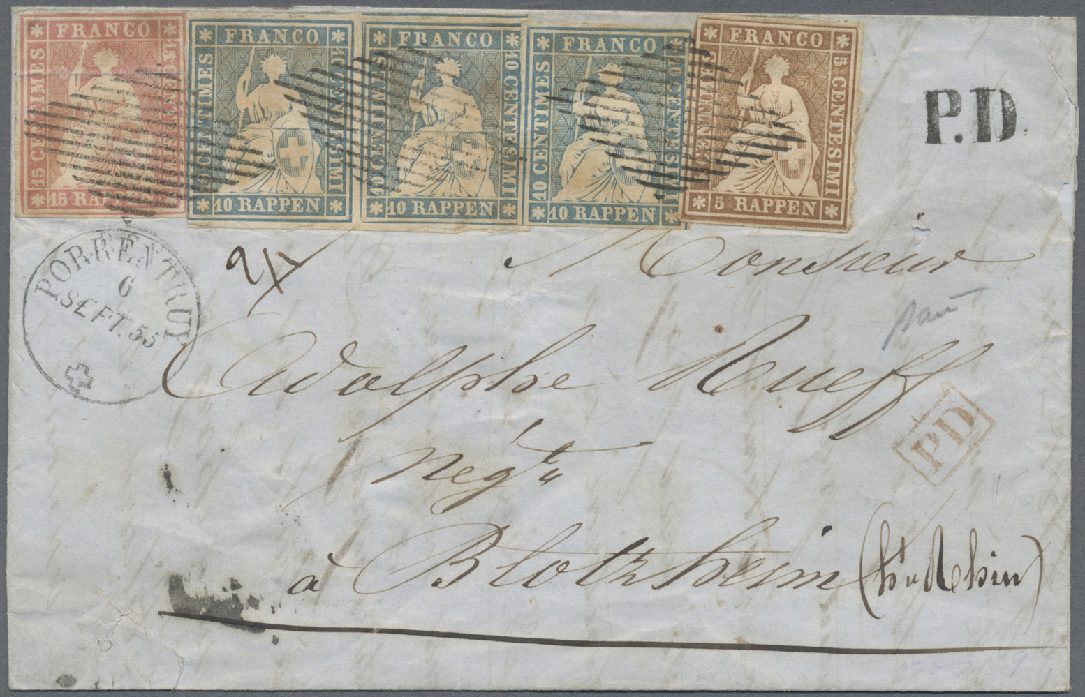 Br Schweiz: 1855, Strubel 5 Rp Braun,3x 10 Rp Blau Und 15 Rp Rosa, Alle Früher Berner Druck Und Mit Rautenstempel - Unused Stamps