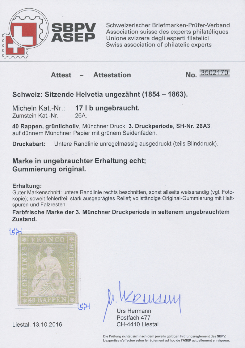 * Schweiz: 40 Rp. Münchner Druck (SBK 26 A = 2400,- CHF), Farbfrisches Qualitätsstück Mit Originalgummi Und Saub - Unused Stamps