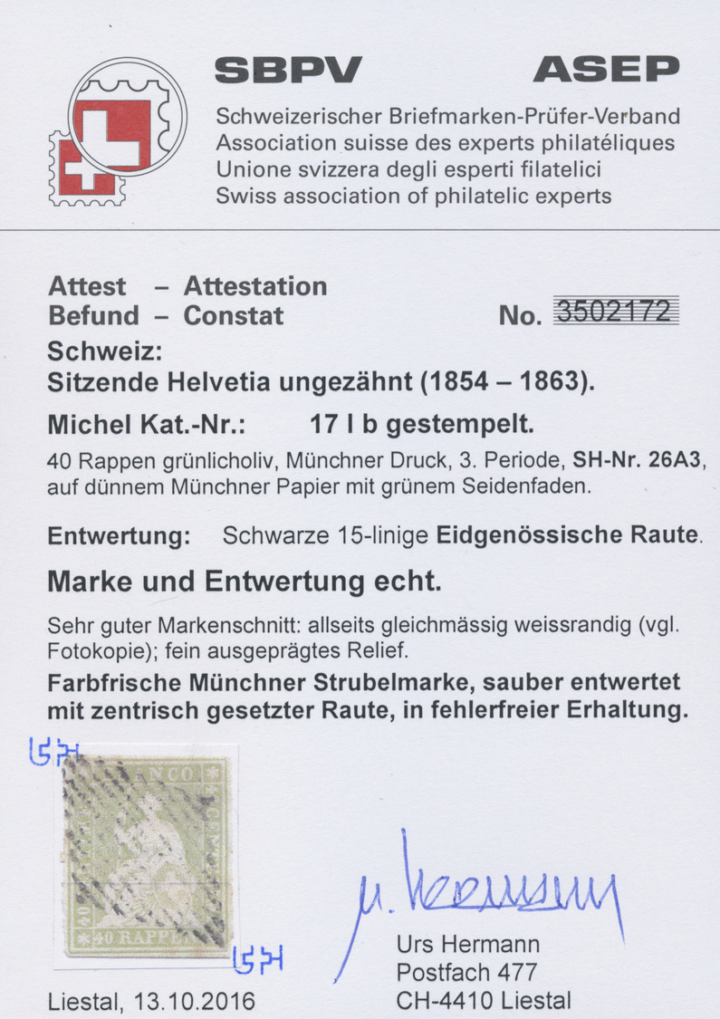 O Schweiz: 40 Rp. Münchner Druck (SBK 26 A), VOLL- BIS BREITRANDIGER SCHNITT!, Attest Herman SBPV - Unused Stamps