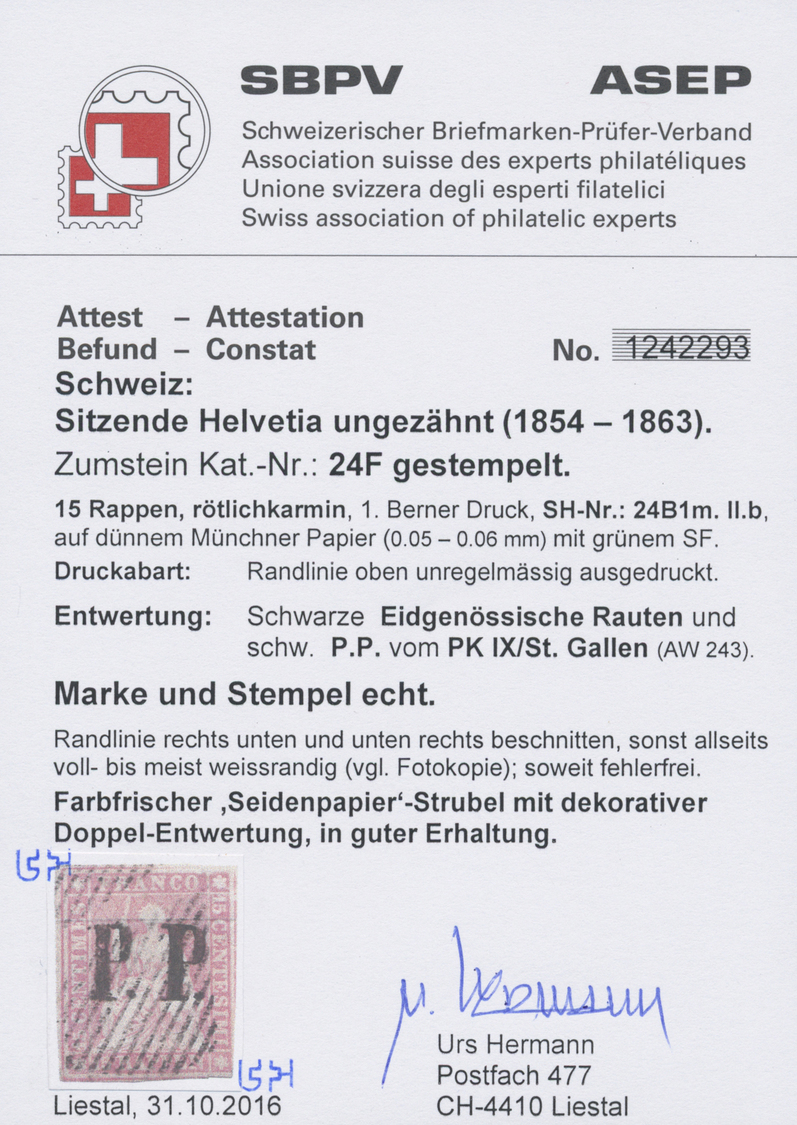 O Schweiz: 1855, 15 R. Rötlichkarmin, Rechte Untere Ecke Beschnitten Sonst Allseitig Vollrandig Mit Interessante - Unused Stamps
