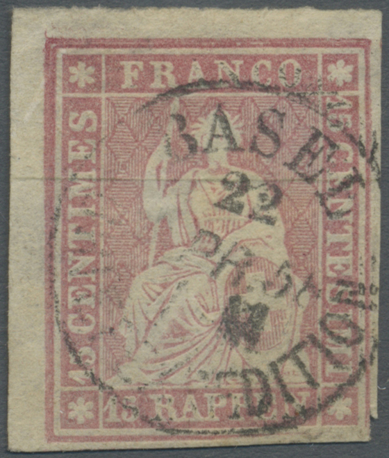 O Schweiz: 1855/57, Strubel, 15 Rp. Rosa, Linke Obere Bogenecke Mit Breiten Bogenrändern Aus Der 1. Druckperiode - Unused Stamps