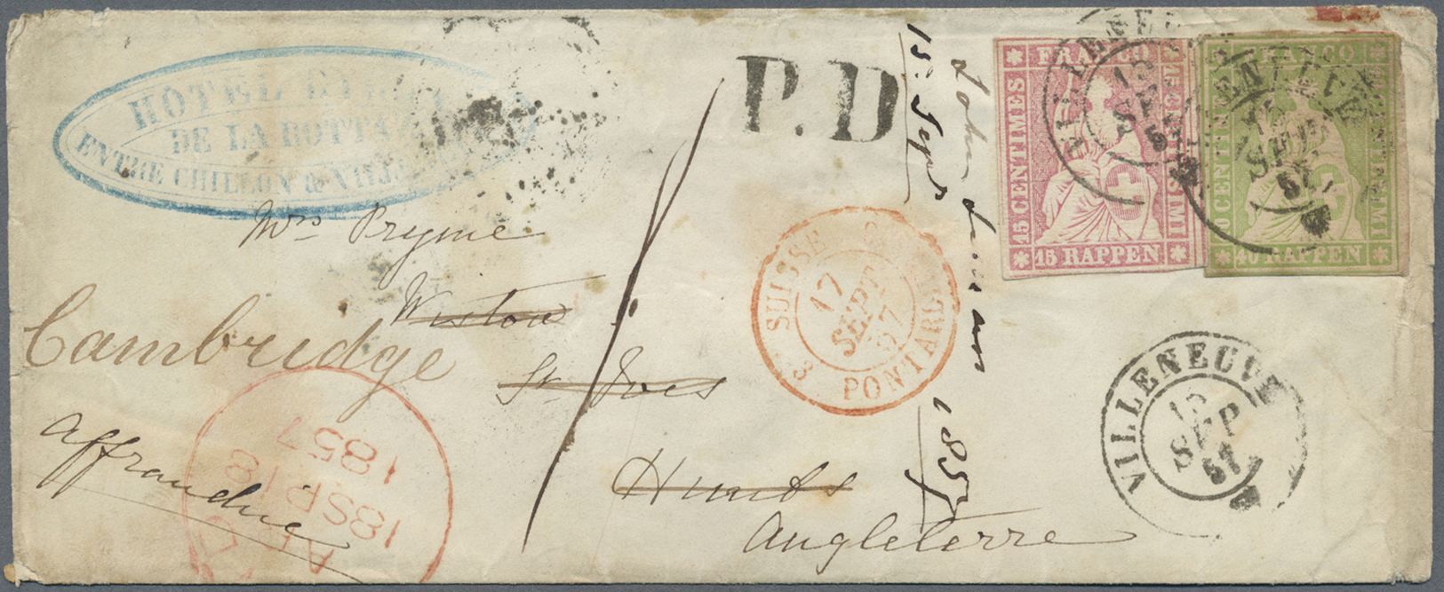 Br Schweiz: 1857. Umschlag (Flecken Und Risse) Nach England Mit Sitzende Helvetia Yvert 28, 10 Rp Rose Und Yvert - Unused Stamps