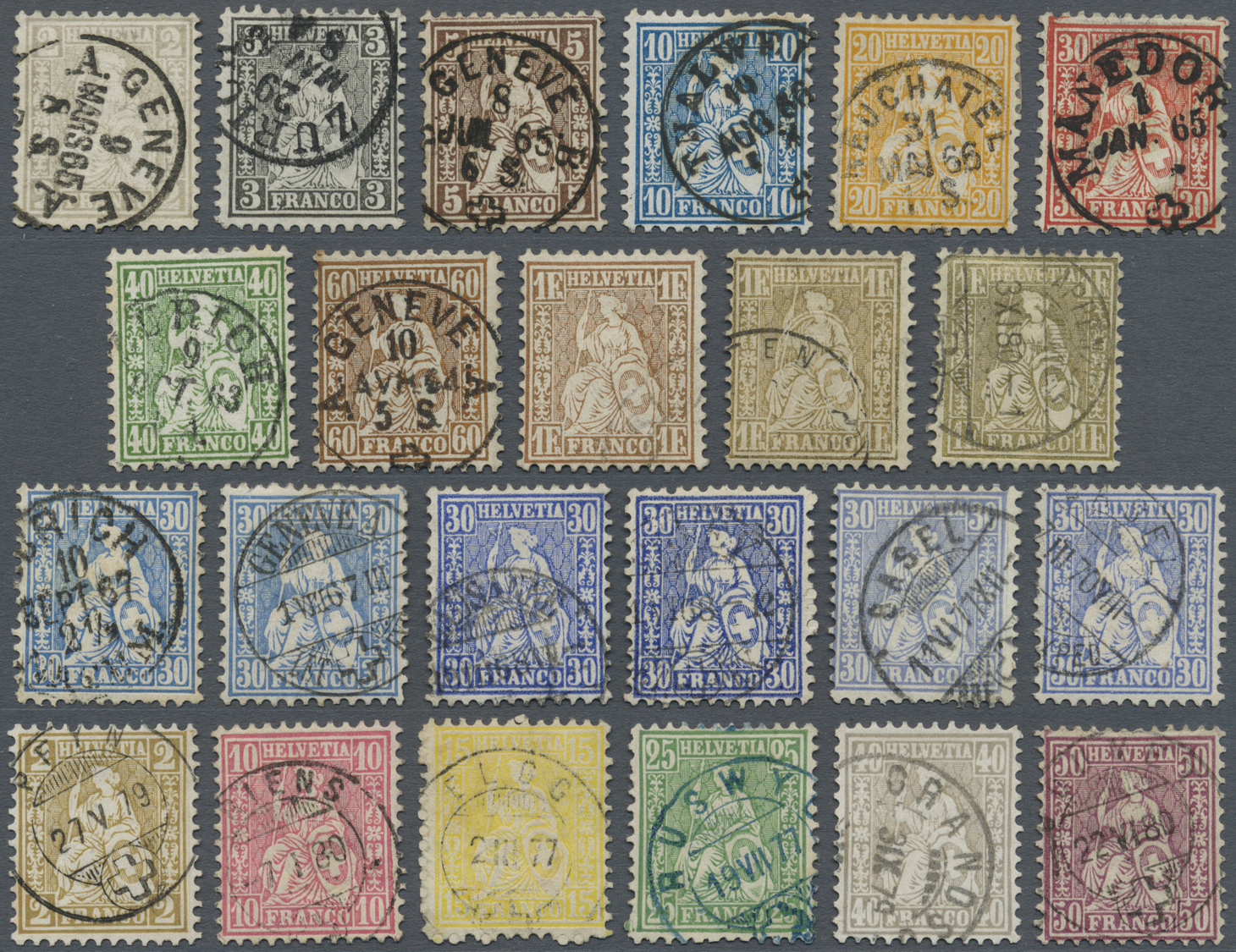 O Schweiz: 1862-78: Sitzende Helvetia- Sätze Auf Weißem Papier, Dabei 60 Rp. Und 1 Fr. Goldbronze Rötlich Je Mit - Unused Stamps