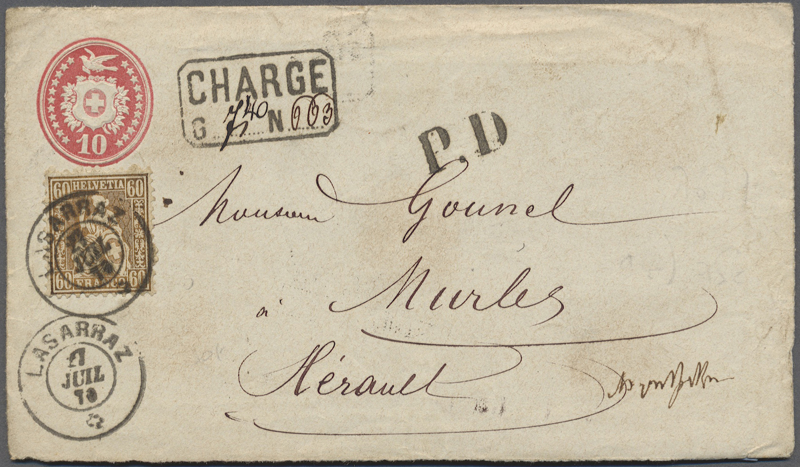 GA Schweiz: 1873: Chargierter Tübli-Ganzsachenumschlag Mit Inhalt Von La Sarraz Nach Murles In Frankreich über Ve - Unused Stamps