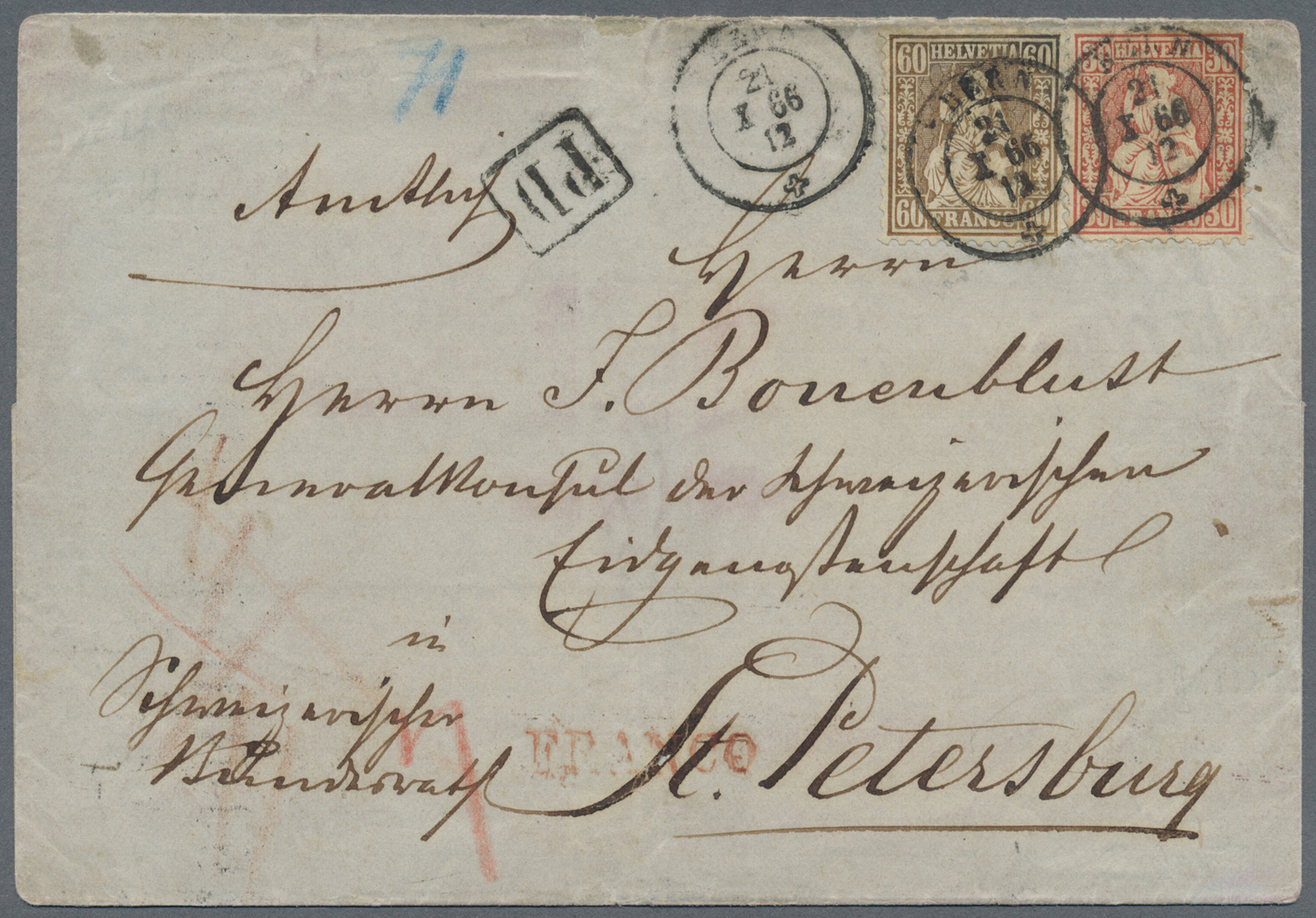 Br Schweiz: 1862 Sitzende Helvetia 60 Rp. Kupferbronze Zusammen Mit 30 Rp. Zinnober Auf Faltbriefhülle 1866 Von B - Unused Stamps