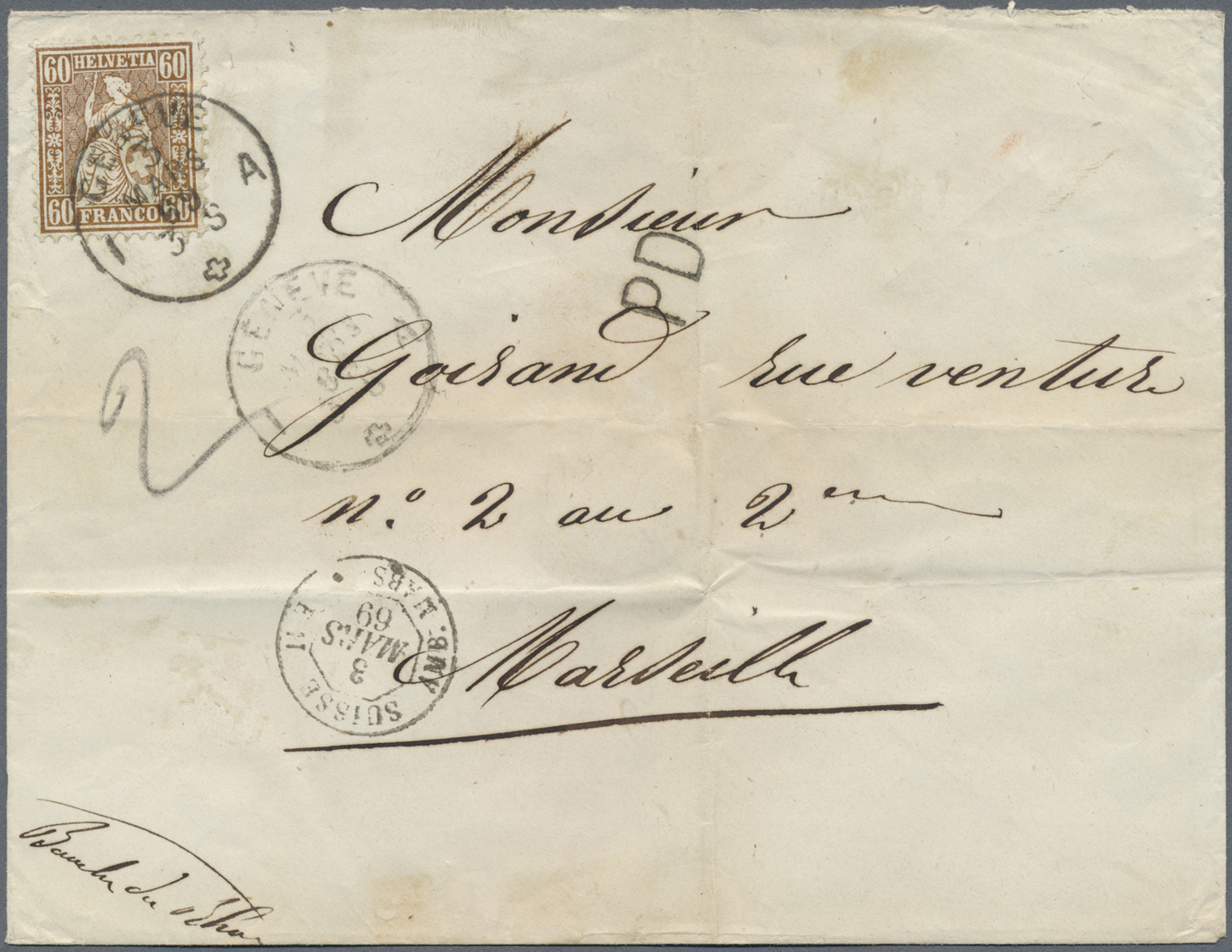 Br Schweiz: 1869. Briefumschlag (waagerechter Und Senkrechter Bug) Von Genf (3 Mars 69) Nach Marseille Mit Schwar - Unused Stamps