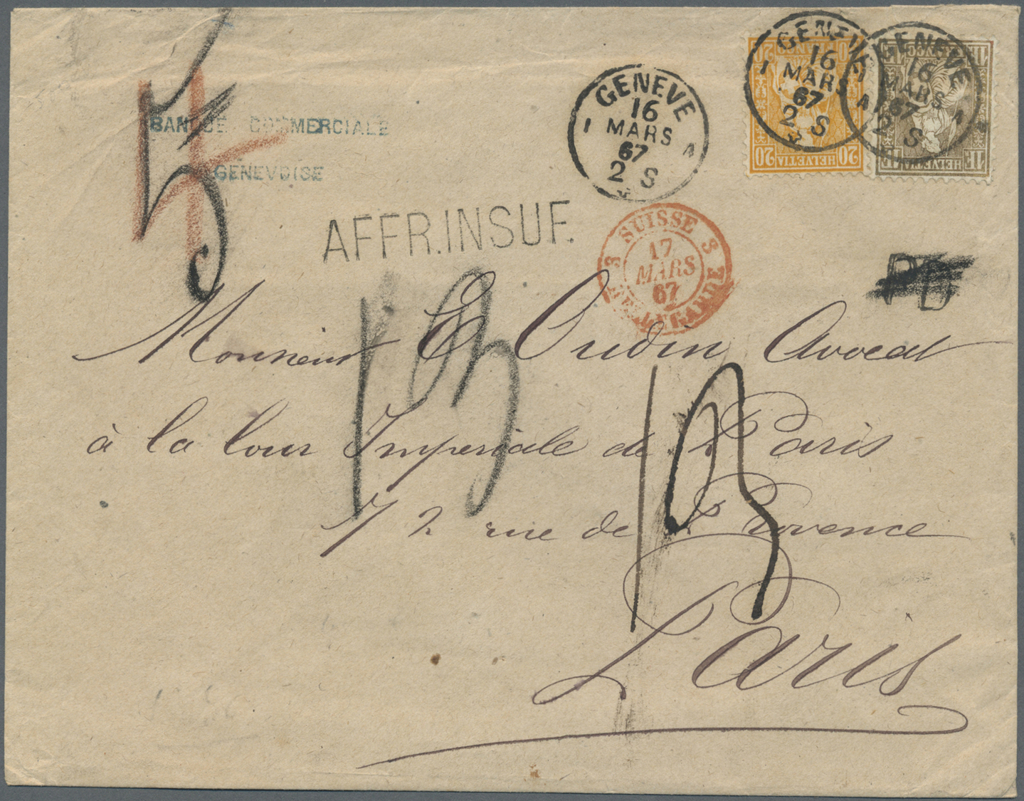 Br Schweiz: 1867. Sitzende Helvetia 20c Orange (Yvert 37) Und 1f Bronze (Yvert 41a) Auf Briefhülle Von Genf (16. - Unused Stamps