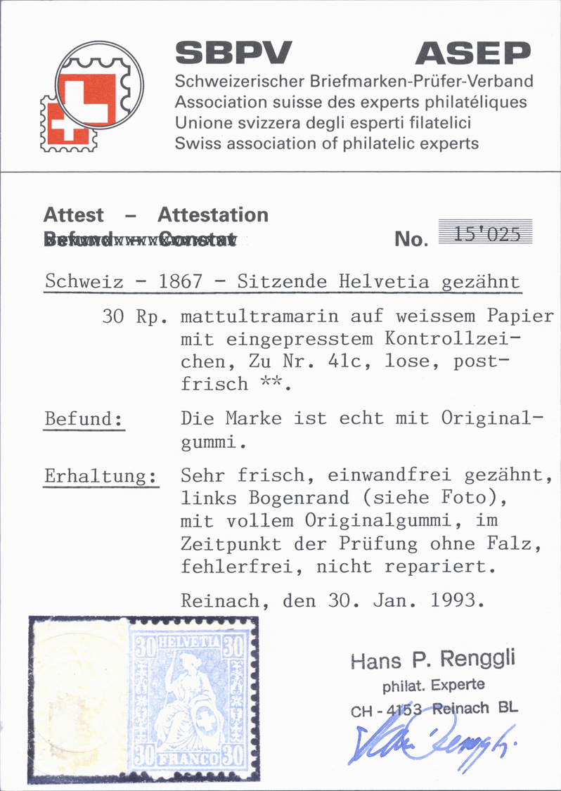 ** Schweiz: 1867, 30 Rp. Mattultramarin, Farbfrisches Exemplar Vom Linken Bogenrand (dort Vs. Anhaftungen), Postf - Unused Stamps