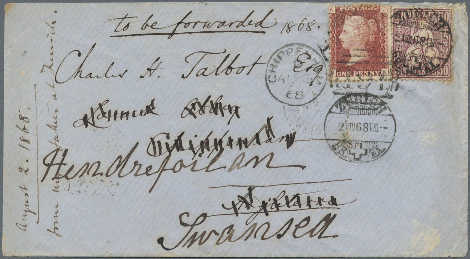 Br Schweiz: 1868, LÄNDER-MISCHFRANKATUR SCHWEIZ-GROSSBRITANIEN: 50 Rp. Dunkelpurpurlila Auf Couvert (rechts Randk - Unused Stamps