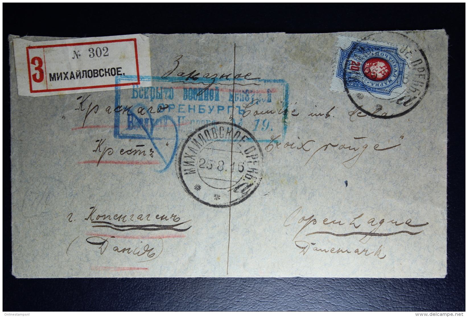 Russia: Registered Cover Mykhailovkoe 1916 To Red Cross Copenhagen Part Removed At Back Censor Cancelled - Briefe U. Dokumente