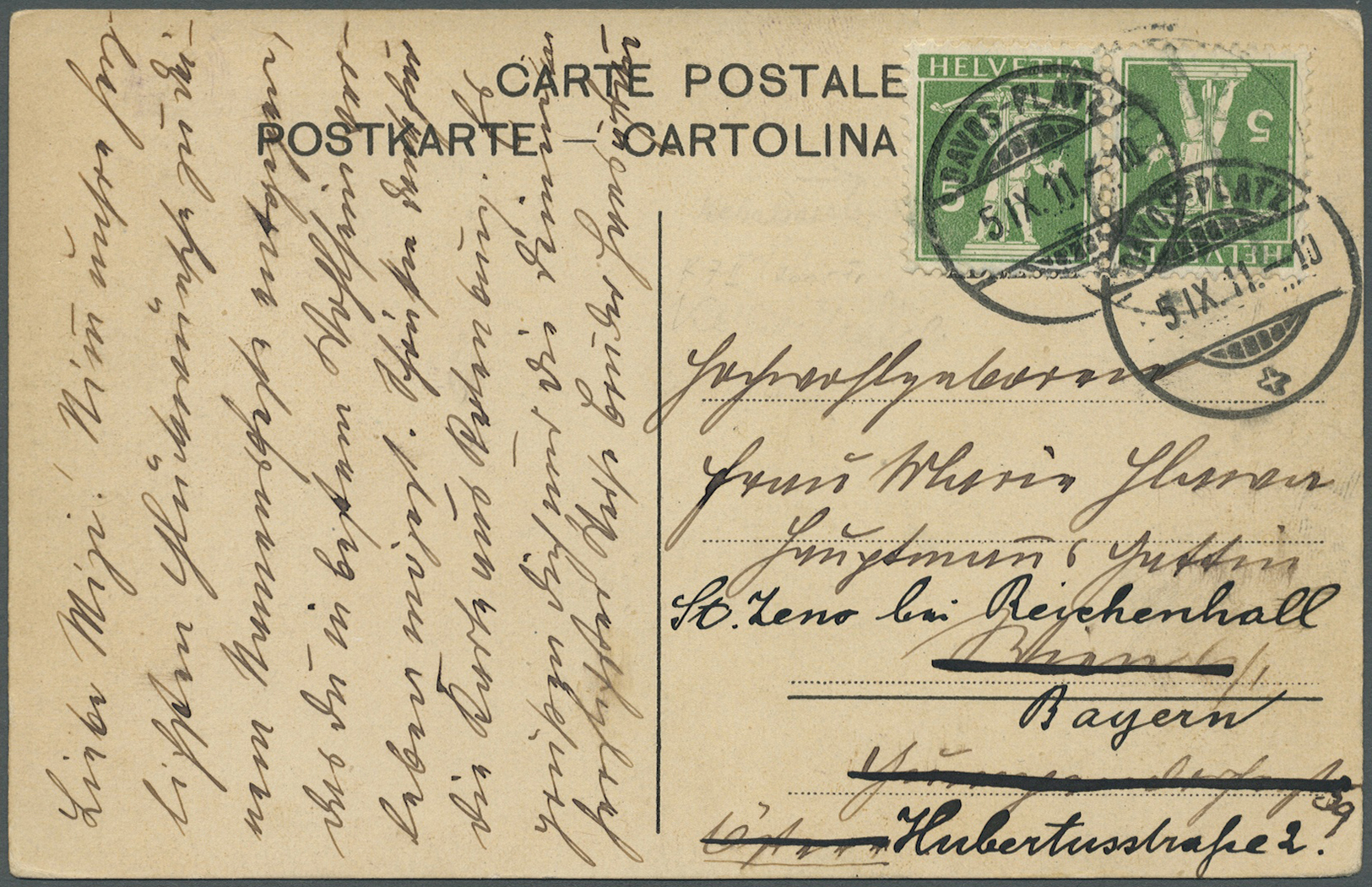 Schweiz - Zusammendrucke: 1910, Kehrdruck 5 Rp. Tellknabe In Type II Auf Farbiger Ansichtskarte Von Davos-Plat - Se-Tenant