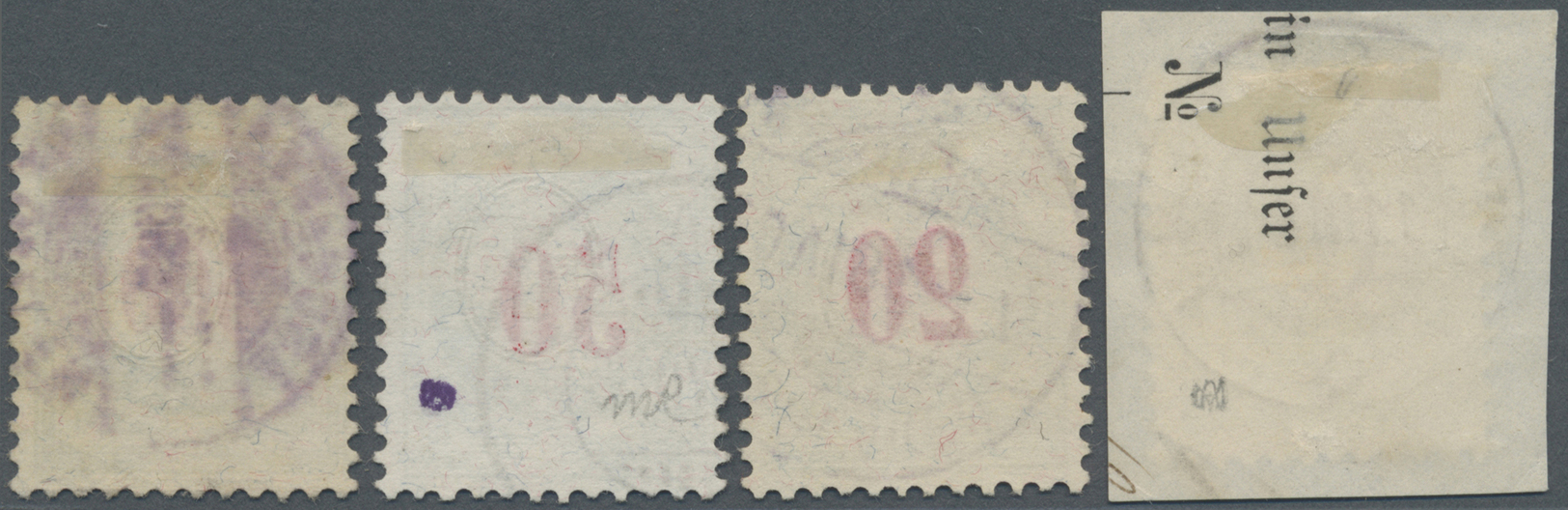 O Schweiz - Portomarken: 1883 Vier Sauber Gestempelte Werte Der 'Blaugrünen', Dabei 10 Rp. (auf Briefstück), 50 - Taxe
