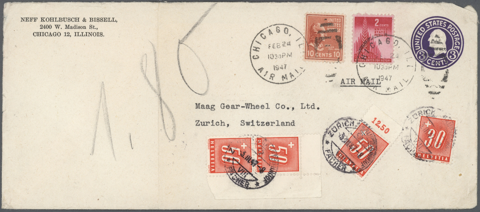 GA Schweiz - Portomarken: 1947 Insuffiently Franked US Postal Stationery Envelope 3c. Uprated 10c And 3c From Chi - Postage Due