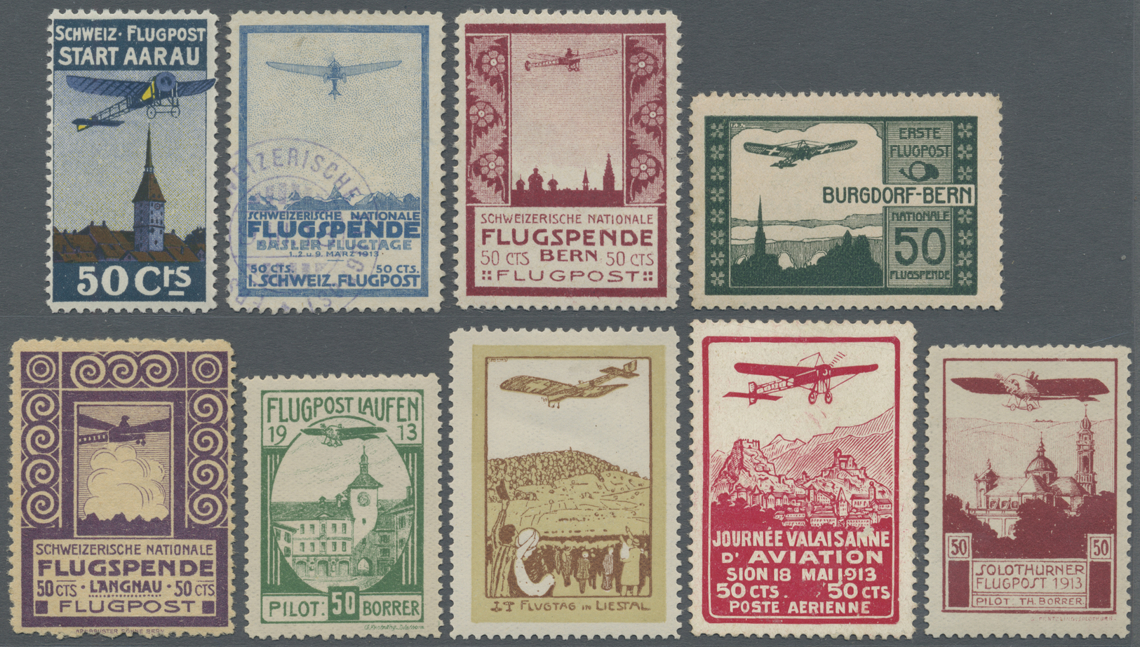 */**/O Schweiz - Halbamtliche Flugmarken: 1923 Kollektion Von 9 Verschiedenen Pionier-Flugmarken, Dabei Basel-Liestal - Oblitérés