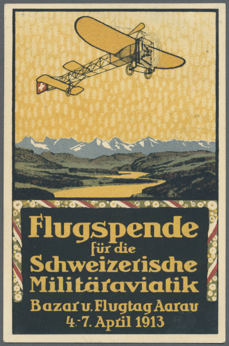 Br Schweiz - Halbamtliche Flugmarken: 1913 AARAU 50 C. Zusammen Mit Tell 5 C. Auf Offizieller Karte, Entwertet Mi - Used Stamps