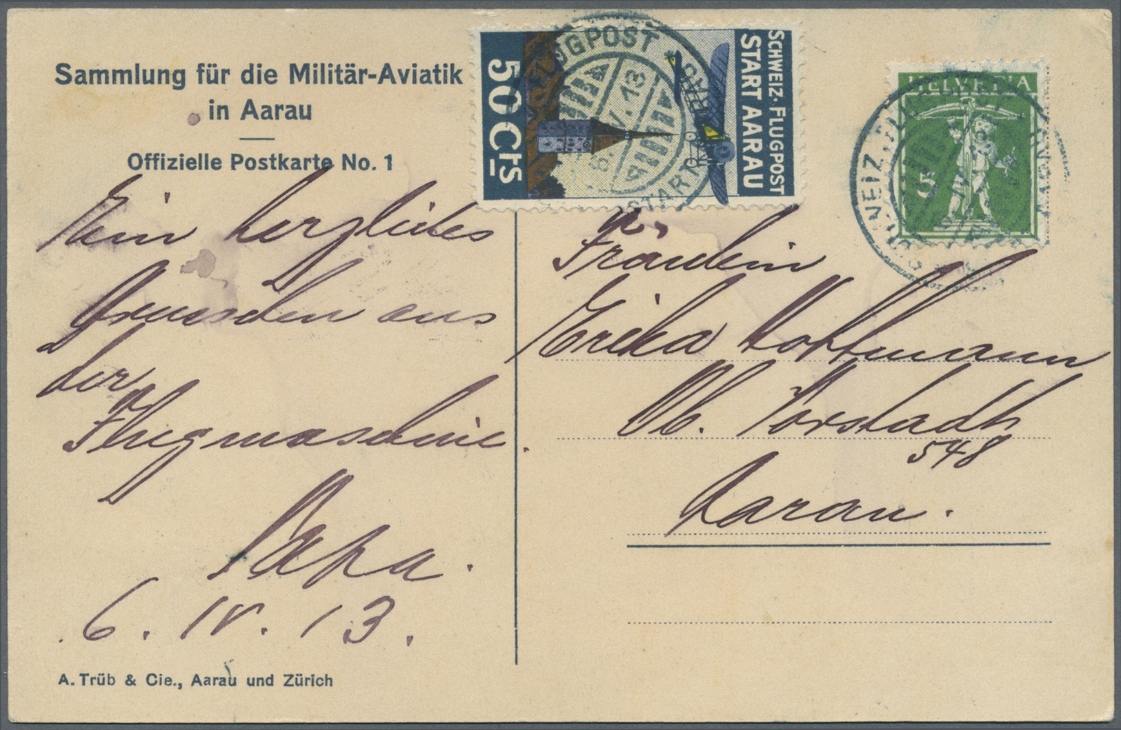 Br Schweiz - Halbamtliche Flugmarken: 1913, 50 C. Flugpost Aarau - Olten Und 5 C. Freimarke Je Mit Flugpost-Sonde - Oblitérés
