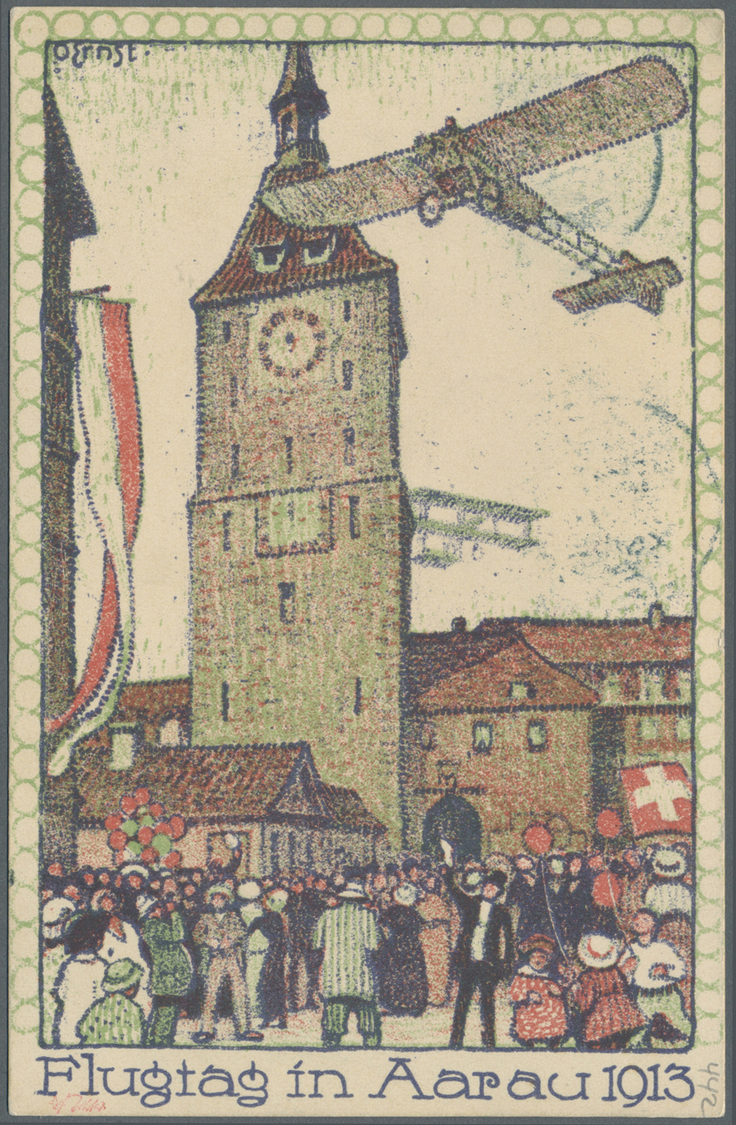 Br Schweiz - Halbamtliche Flugmarken: 1913, 50 C. Flugpost Aarau - Olten Und 5 C. Freimarke Je Mit Flugpost-Sonde - Oblitérés