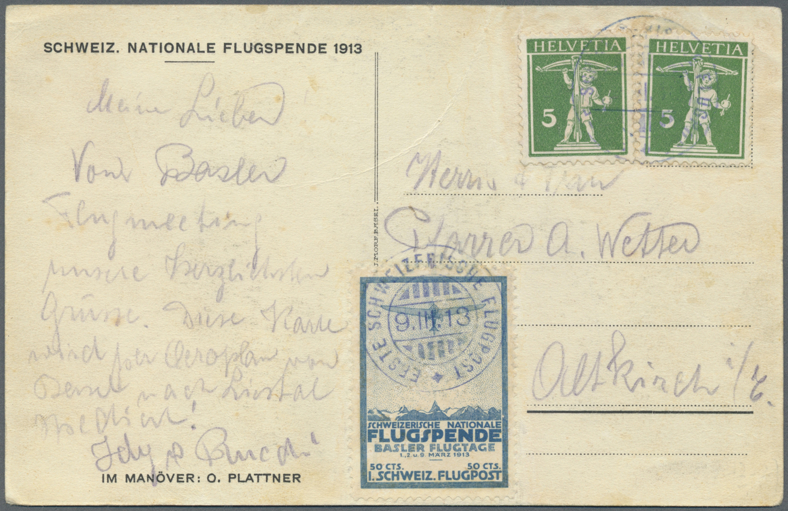 Br Schweiz - Halbamtliche Flugmarken: Pionierflugmarken: 1913, 50 Rp. Basel-Liestal, Gut Gezähntes Und Sauber Ges - Used Stamps