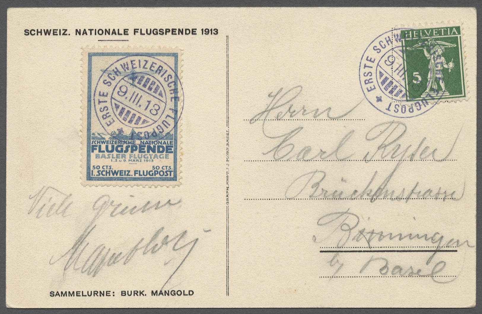 Schweiz - Halbamtliche Flugmarken: 1913 (9.III.) Basel: Offizielle Karte (OK 1) Mit Flugpostmarke Und 5 Rp. Te - Used Stamps