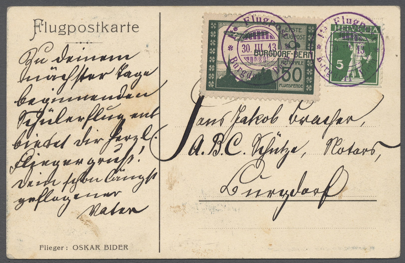 Schweiz - Halbamtliche Flugmarken: 1913 (30.III.) Burgdorf: Offizielle Karte OK 1 Mit 50 Cts. Flugpostmarke Un - Used Stamps