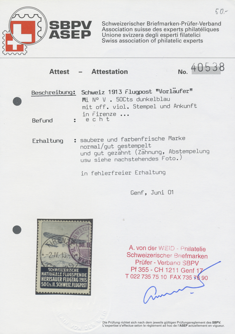 O Schweiz - Halbamtliche Flugmarken: 1913: "Herisau" 50 Cts., Sauber Entwertet Mit Dem Flugpoststempel Herisau ( - Oblitérés