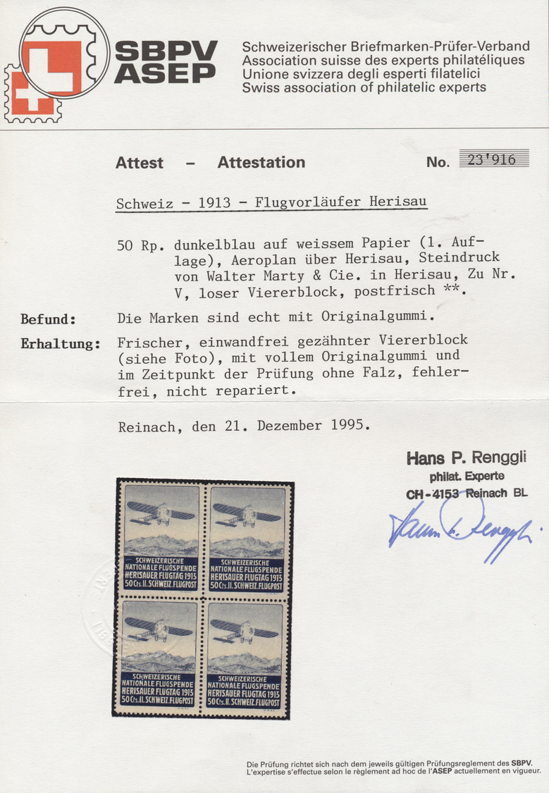 /** Schweiz - Halbamtliche Flugmarken: 1913 Herisau: Flugpostmarke Im Tadellosen 4er-Block, Postfrisch. Attest Ren - Oblitérés