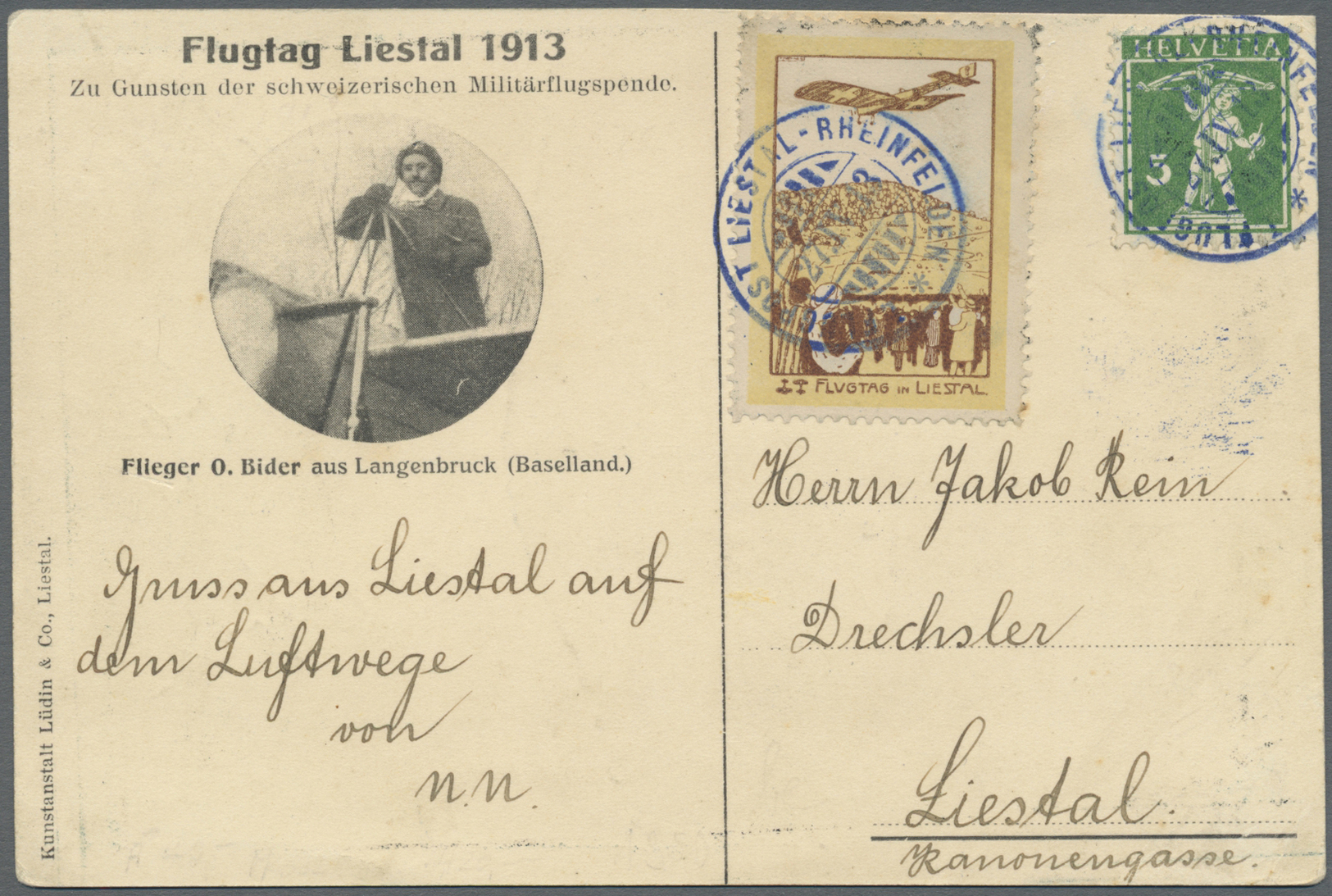 Br Schweiz - Halbamtliche Flugmarken: 1913 LIESTAL 50 C. Zusammen Mit Tell 5 C. Auf Offizieller Karte Mit Blauem - Usati