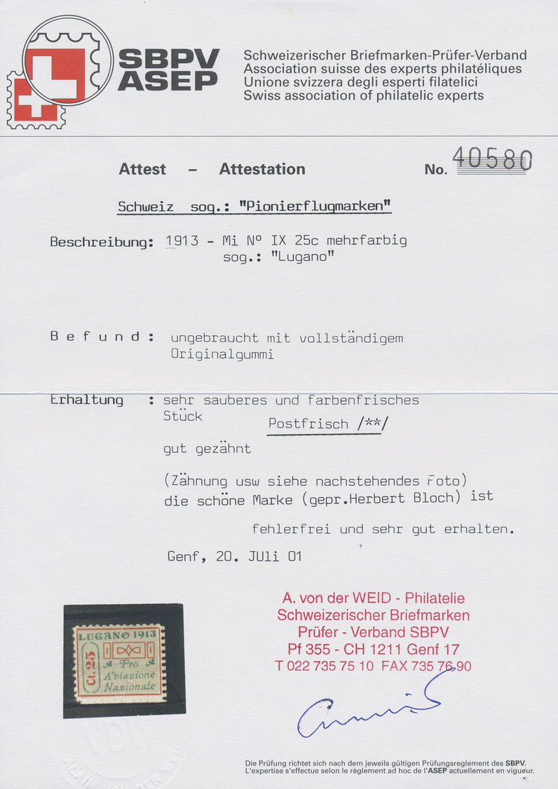 ** Schweiz - Halbamtliche Flugmarken: 1913, 25 C. Luftpost Lugano - Mendrisio, Postfrisch, Kabinett, Signiert Her - Oblitérés