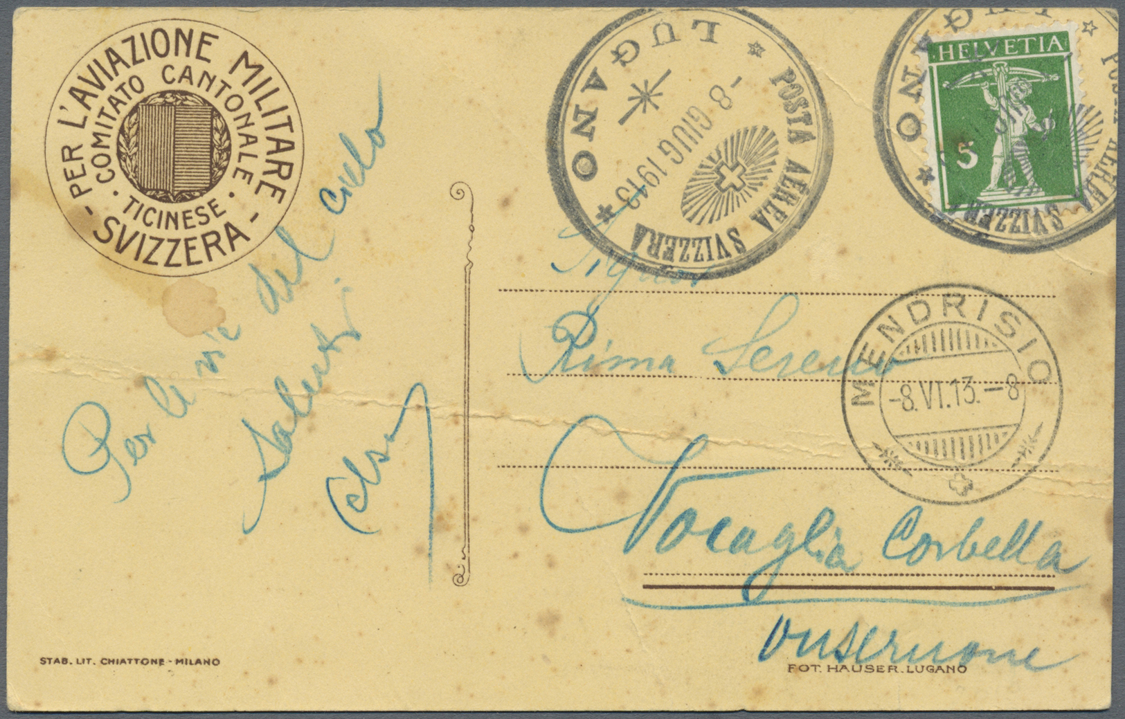 Br Schweiz - Halbamtliche Flugmarken: 1913 Flugtag Lugano: Offizielle Karte Ohne Flugpostmarke Von Lugano Nach Me - Used Stamps
