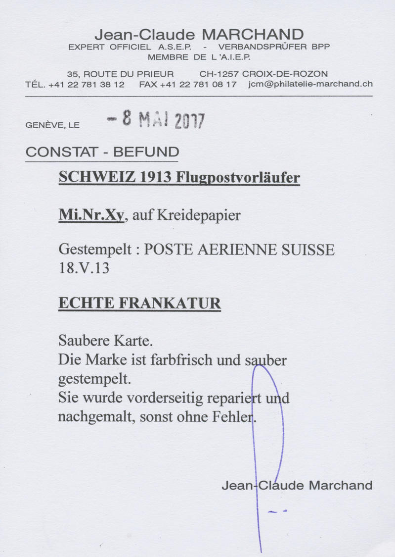 Schweiz - Halbamtliche Flugmarken: 1913, Sitten-Siders, 80 C. Karminrot Auf Gestrichenem Papier (vs. Repariert - Oblitérés