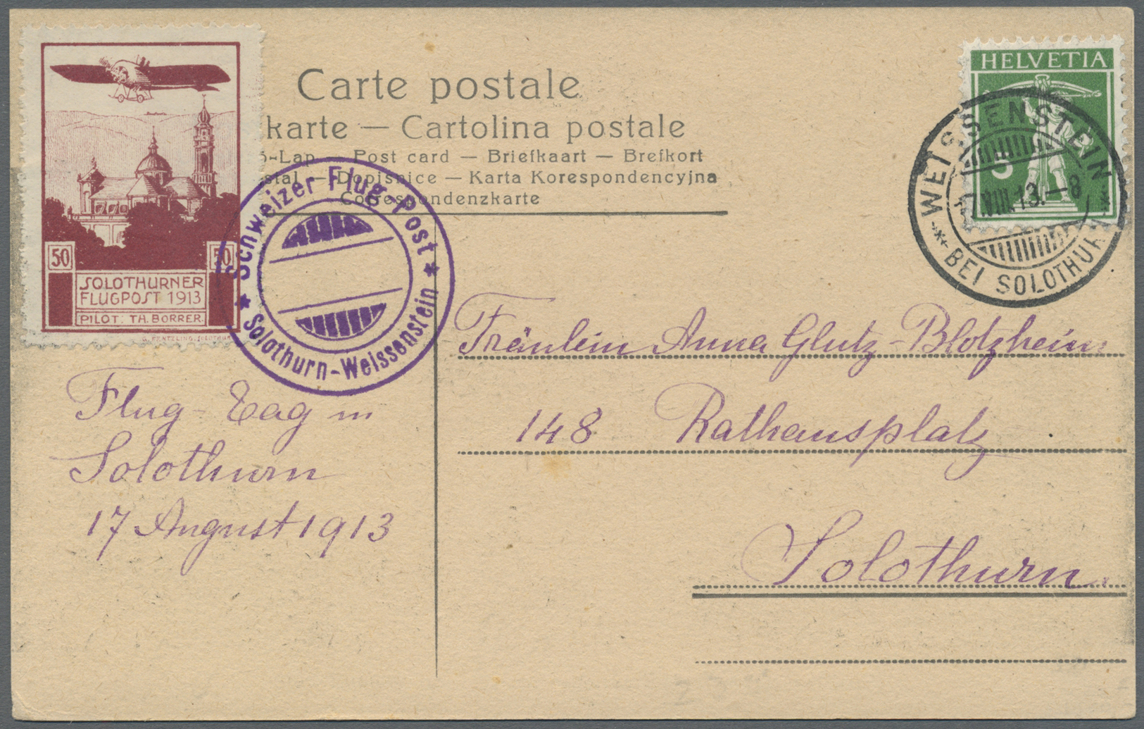 Br Schweiz - Halbamtliche Flugmarken: 1913 SOLOTHURN 50 C. Zusammen Mit Tell 5 C. Auf Offizieller Karte, Sonderfl - Used Stamps