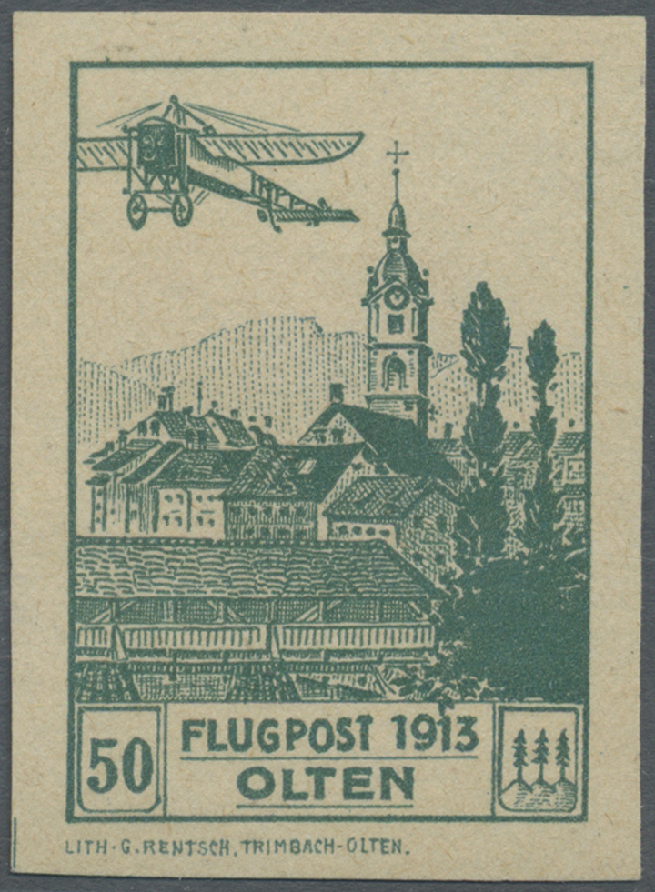 (*) Schweiz - Halbamtliche Flugmarken: 1913 Probedruck Der Für OLTEN Vorgesehenen Marke In BLAUGRÜN, Ungezähnt Auf - Oblitérés