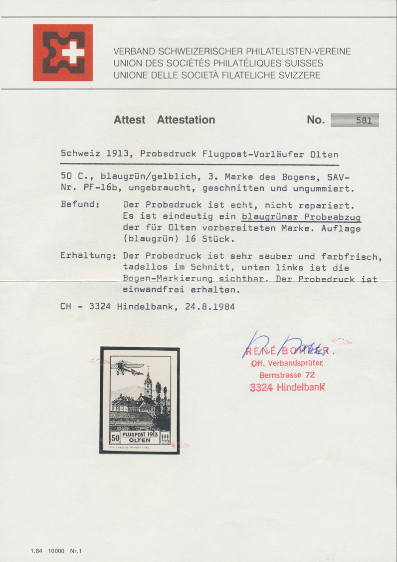 (*) Schweiz - Halbamtliche Flugmarken: 1913 Probedruck Der Für OLTEN Vorgesehenen Marke In BLAUGRÜN, Ungezähnt Auf - Oblitérés