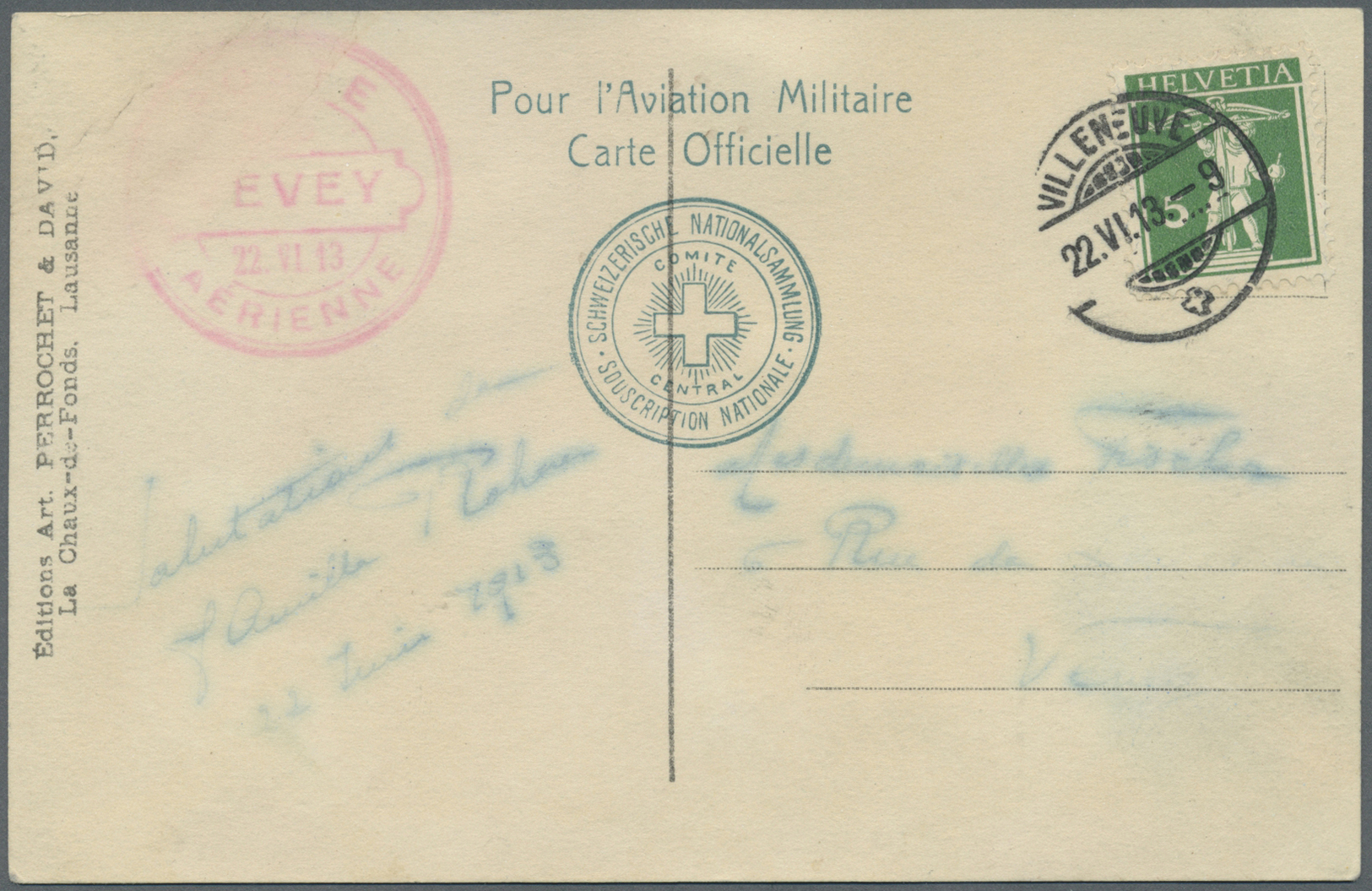 Br Schweiz - Halbamtliche Flugmarken: 1913, Flugtag Vevey 22.6., 5 C. Freimarke Mit Poststempel "VILLENEUVE 22.VI - Oblitérés
