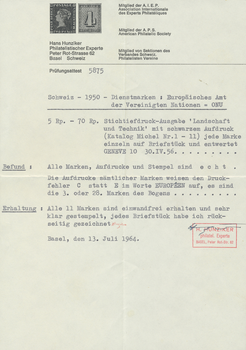Brrst Schweiz - Europäisches Amt Der Vereinten Nationen (ONU/UNO): 1956: 5-70 Rp. Komplett MIT PLATTENFEHLER "CUROPE - ONU