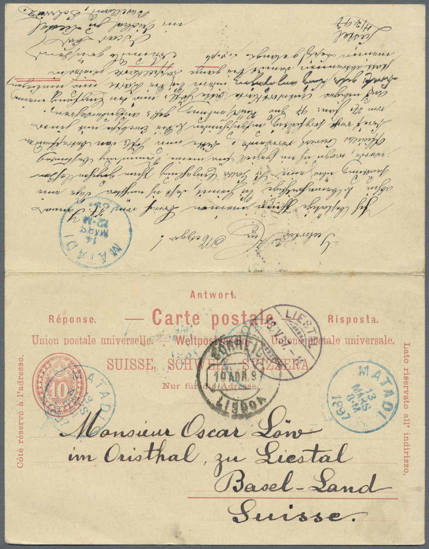 GA Schweiz - Ganzsachen: 1892, Suisse Stationery Double-card 10 C From "LIESTAL 4.2.97"to Matadi, Cong Belge With - Entiers Postaux