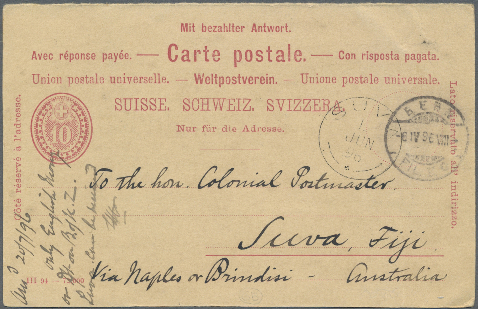 Br Schweiz - Ganzsachen: 1896. 10 Rp Ganzsachenpostkarte (Frageteil) Aufgegeben In BERN 6.IV.(18)96 Nach SUVA 1 J - Entiers Postaux