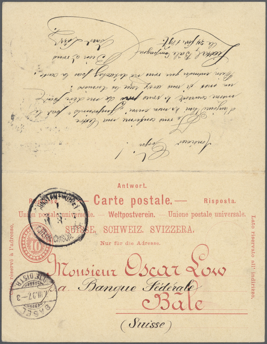 GA Schweiz - Ganzsachen: 1897, Zusammenhängende Frage- Und Antwortkarte 10 Rp. (Auflage I/95), Zunächst Gelaufen - Entiers Postaux