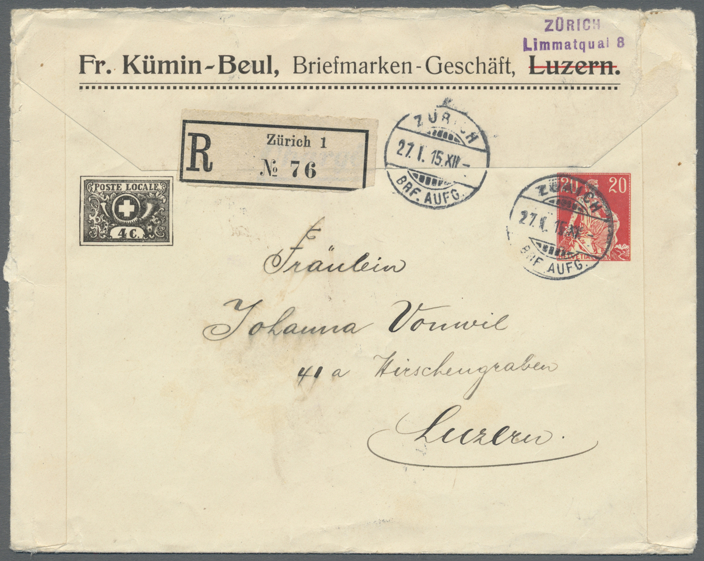 GA Schweiz - Privatganzsachen: 1915: Ungewöhnlich Gebrauchte Und Recht Seltene Privatganzsache 20 Rp. 'Helvetia M - Entiers Postaux