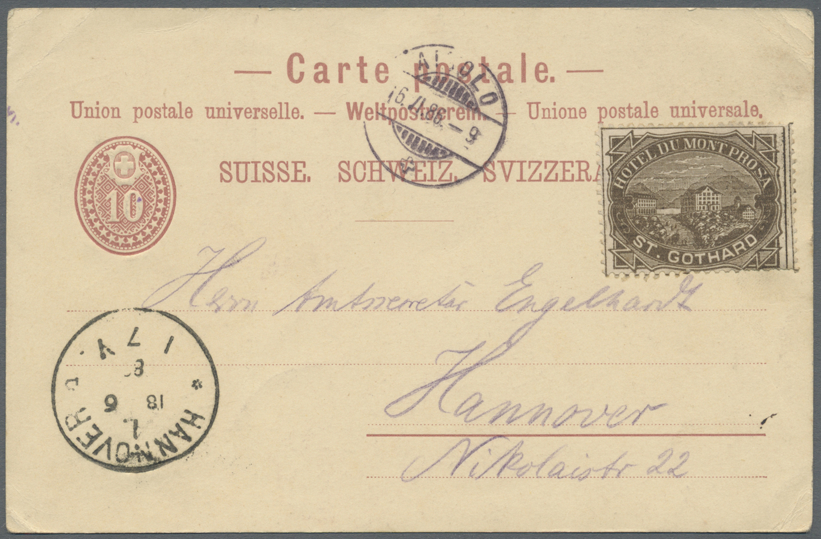 GA Schweiz - Hotelpost: 1888, St.Gotthard/Hotel Du Mont Prosa, Hotelpostmarke In Dunkelolivbraun (etas Flache Zäh - Autres & Non Classés