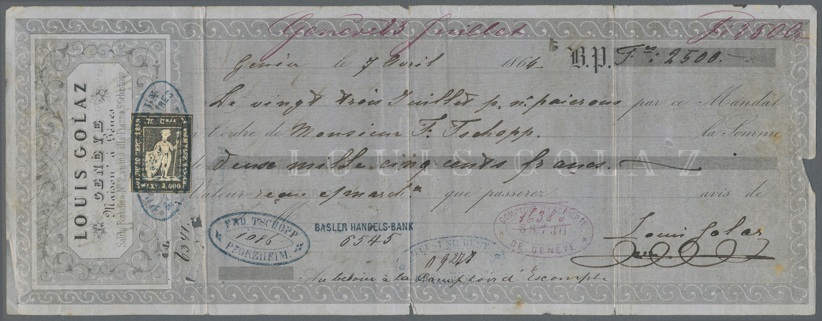 Br Schweiz - Besonderheiten: 1864, 75 C. Fiscalmarke In Schwarz Mit Fiskalischer Entwertung Auf Scheckvordruck De - Other & Unclassified