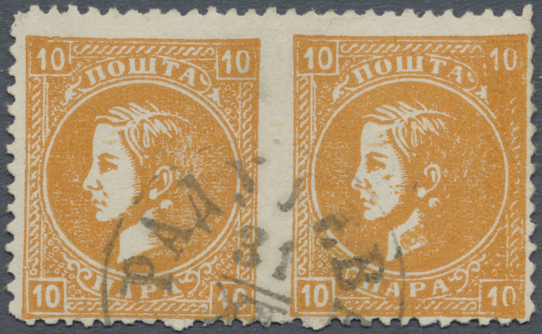 O Serbien: 1880, 10pa. Orange, Horiz. Pair Showing Variety "imperf. Between", Neatly Cancelled. Rare And Attract - Serbie