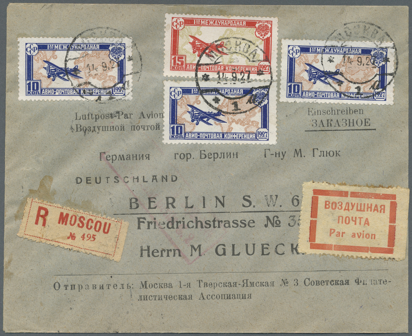 Br Sowjetunion: 1927, Airmails, 10kop. (3) And 15kop., On Registered Airmail Cover From Moscow 14.9.27 To Berlin - Covers & Documents