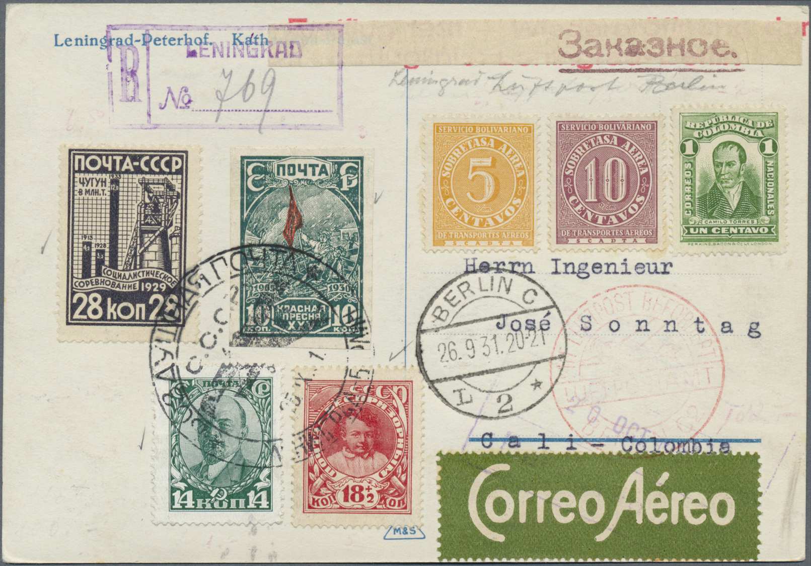 Sowjetunion: 1931, Eingeschriebene Luftpostkarte Ab Leningrad über Berlin Nach Cali/ Kolumbien, Roter Flugbest - Covers & Documents