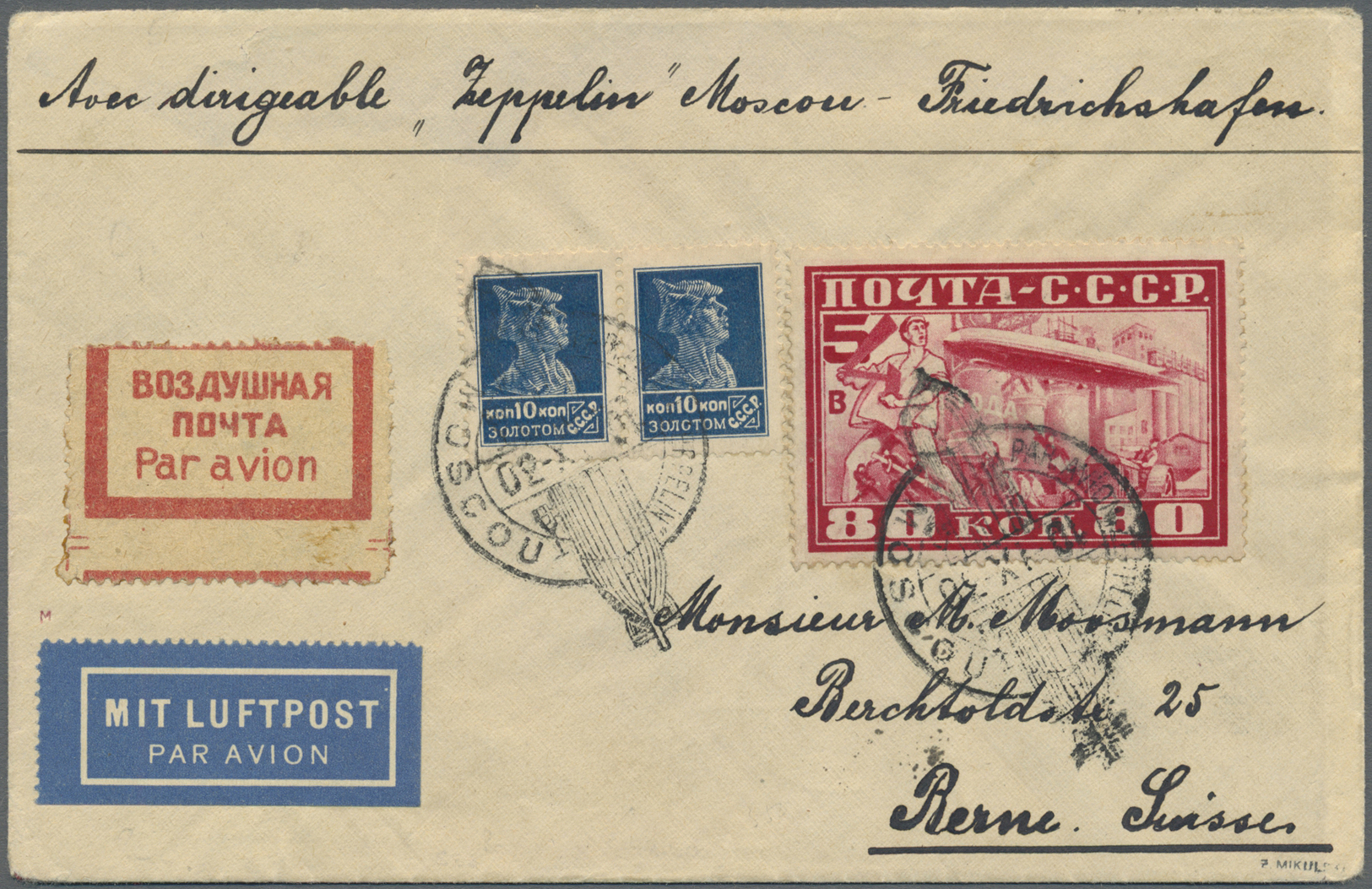 Sowjetunion: 1930, Zeppelin 80 Kop (gez. L12½) + 2x 10 Kop Auf Zeppelin-Brief Mit SST "MOSKAU 10.IX.30" Nach B - Lettres & Documents