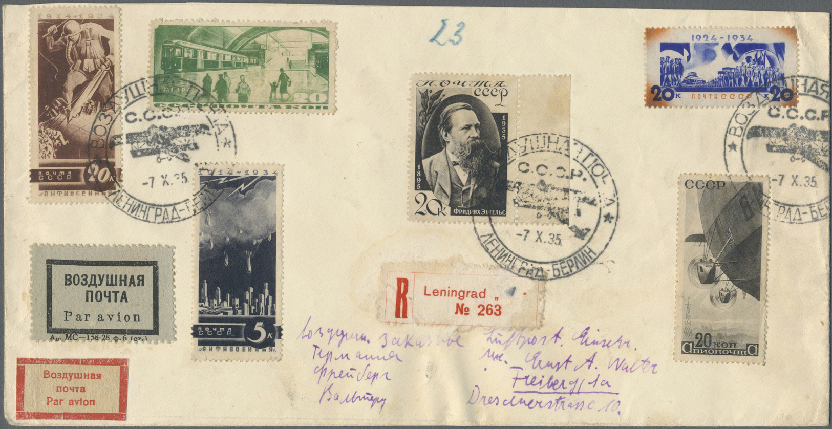 Sowjetunion: 1935, Colourfull Franked Registered Airmail-letter Bearing Mi.Nr.486,492,494,497,512,526 All Tied - Lettres & Documents