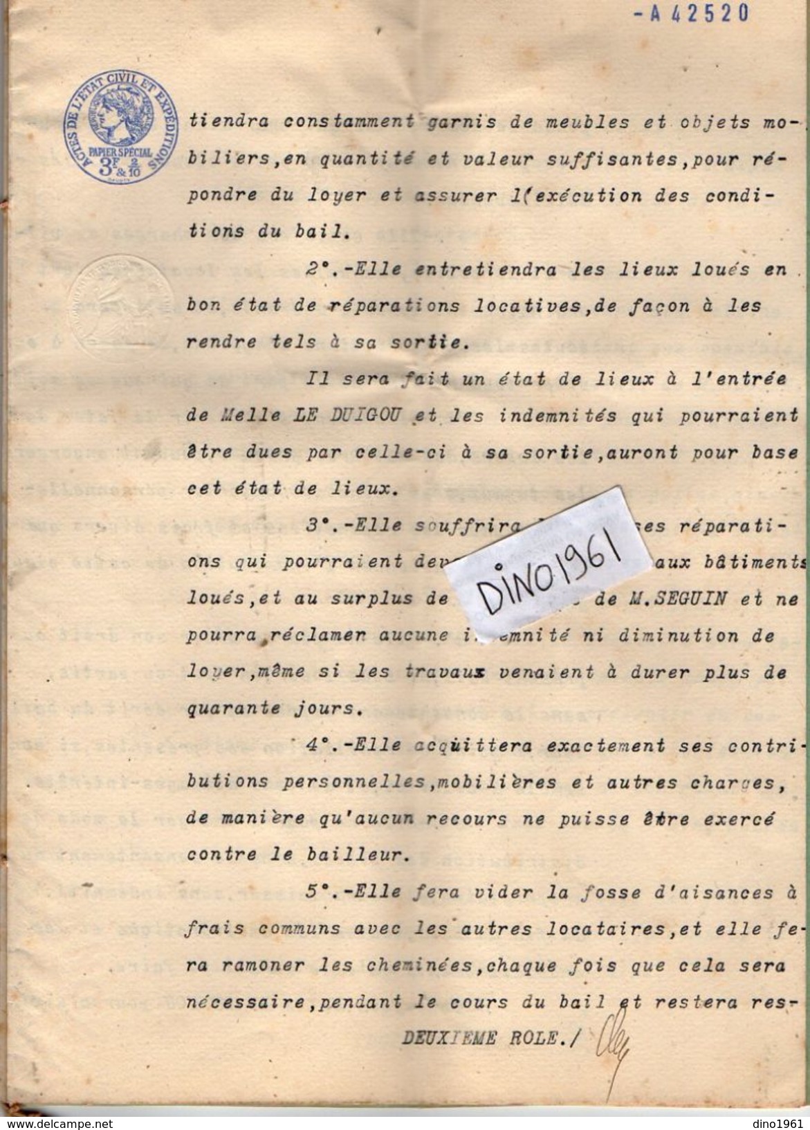 VP10.833 -  Acte De 1926 - Entre Mr SEGUIN & Melle LE DUIGOU De MUZILLAC Bail D'un Appartement Situé à GUERANDE - Collections