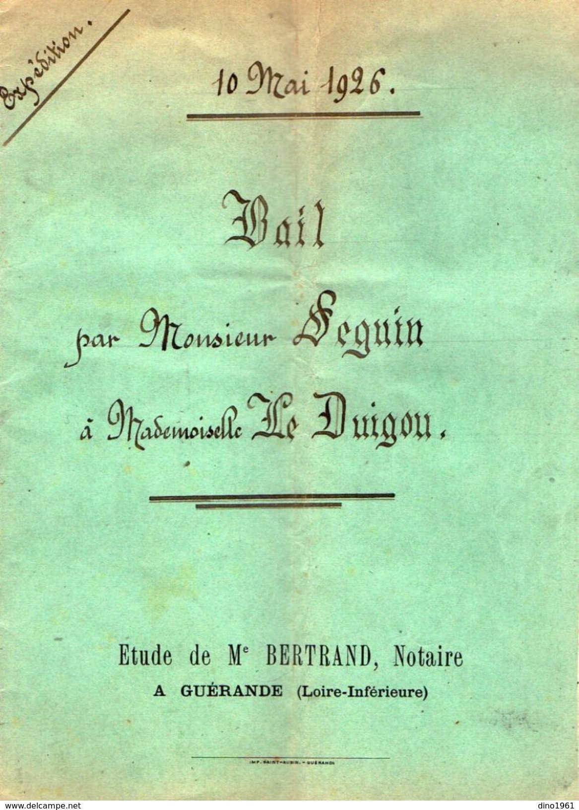 VP10.833 -  Acte De 1926 - Entre Mr SEGUIN & Melle LE DUIGOU De MUZILLAC Bail D'un Appartement Situé à GUERANDE - Collections