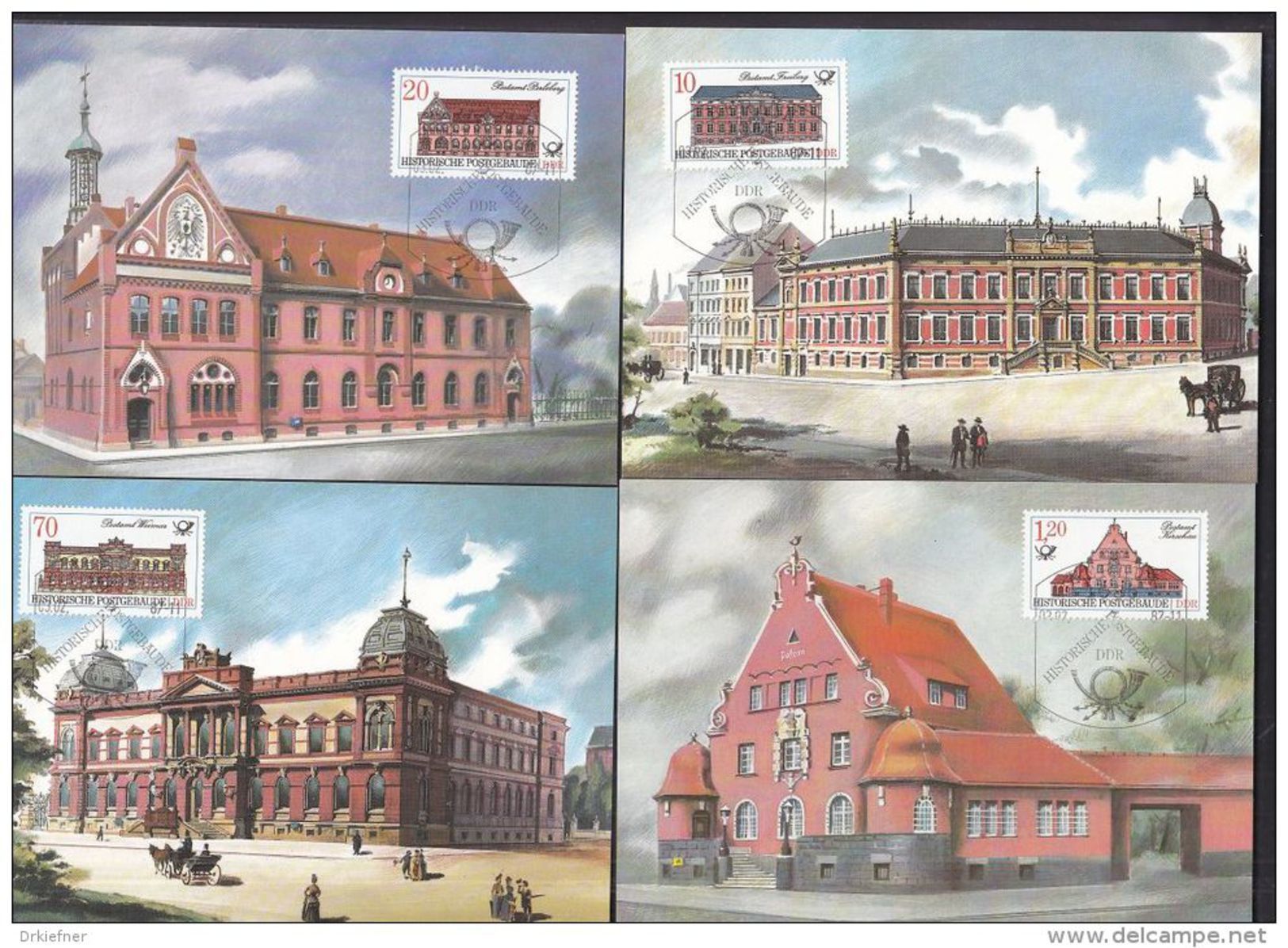 DDR 3067-3070 Auf 4 Maximumkarten MK 1-4/1987, Historische Postgebäude 1987 - Maximumkarten (MC)